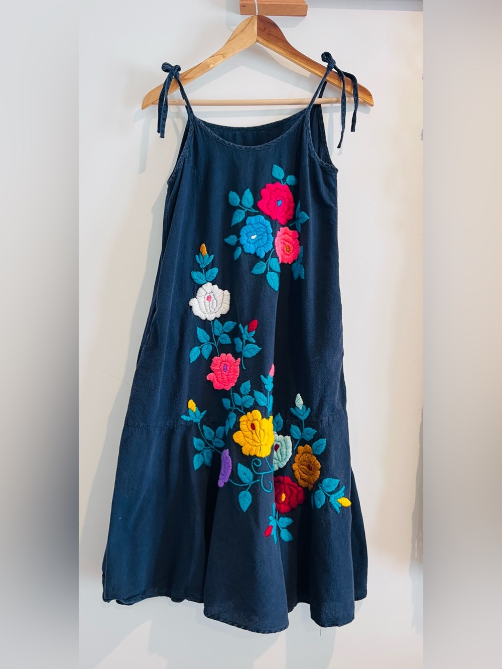 Embroidered Sundress Made in Thailand SMALL Medium Navy Blue Floral Boho Artsy